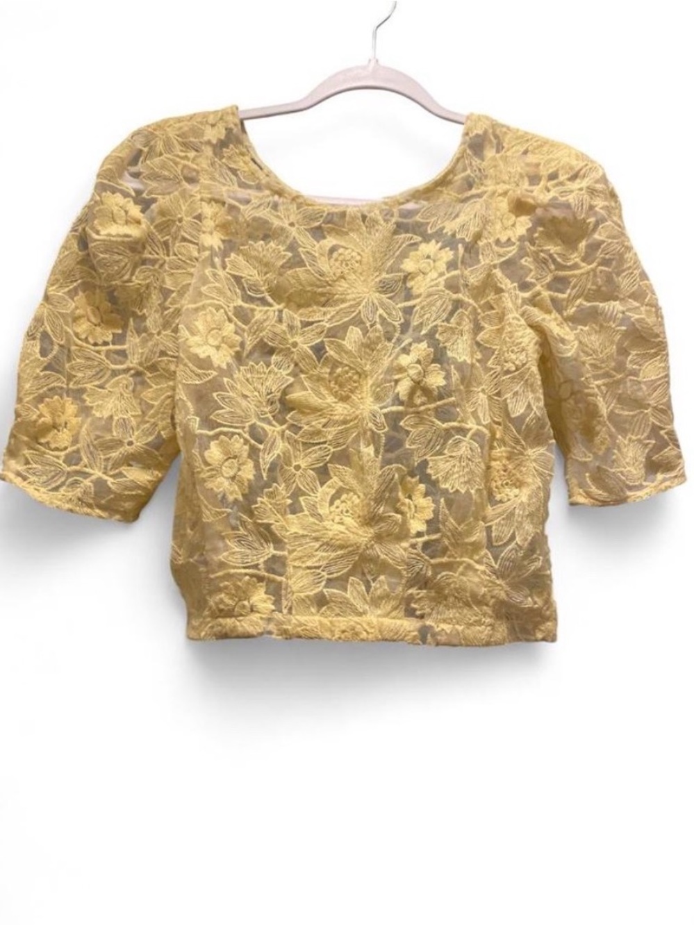 Yellow Floral Lace Puff-Sleeve Blouse